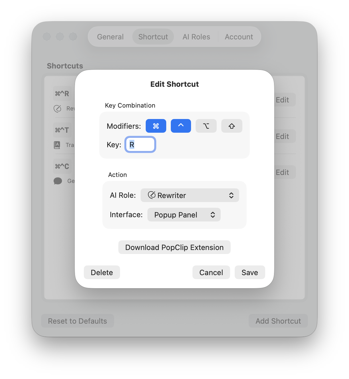Shortcut and model settings