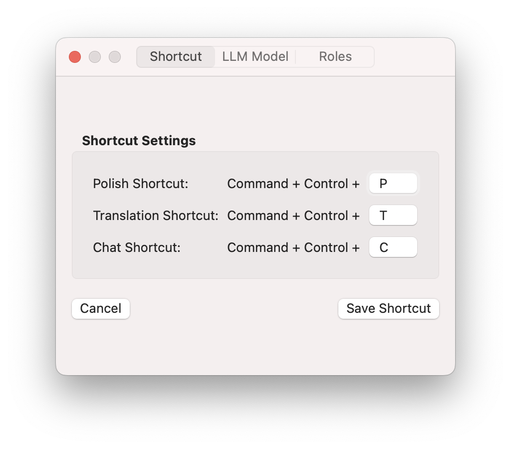 Wright LLM Shortcuts Settings Interface